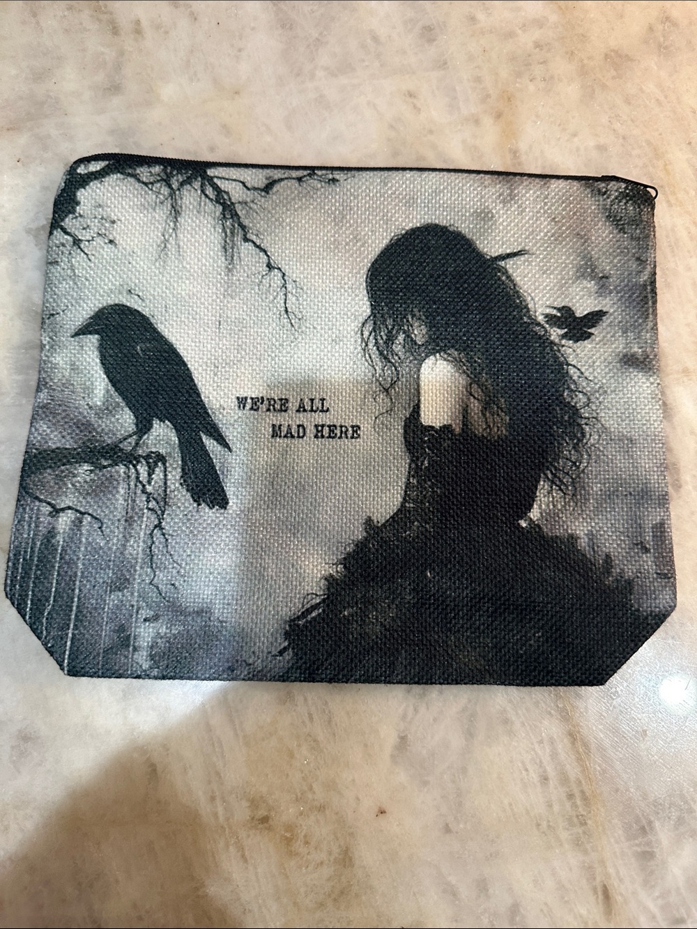 Gothic 'We're All Mad Here' Canvas Pouch - Black & Gray
